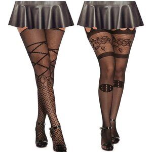 Womens Fishnet‎ Stockings Black Thigh-High with Suspenders One Size